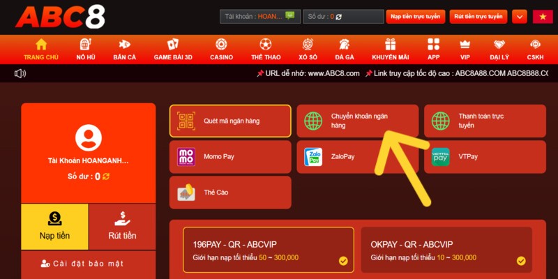 Nạp tiền ABC8 bằng cách chuyển khoản ngân hàng